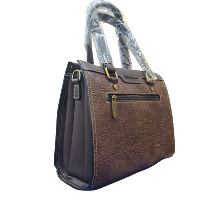 Cotton Road Handbag: Classic-Style COFFEE BROWN PU Leather with Embossed Pattern SIDE