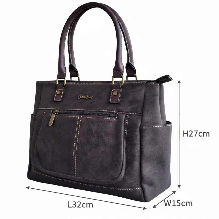 Cotton Road Handbag: DARK COFFEE BROWN Soft PU Leather Double Compartment bag SIZE