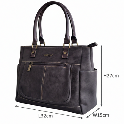 Cotton Road Handbag: DARK COFFEE BROWN Soft PU Leather Double Compartment bag SIZE