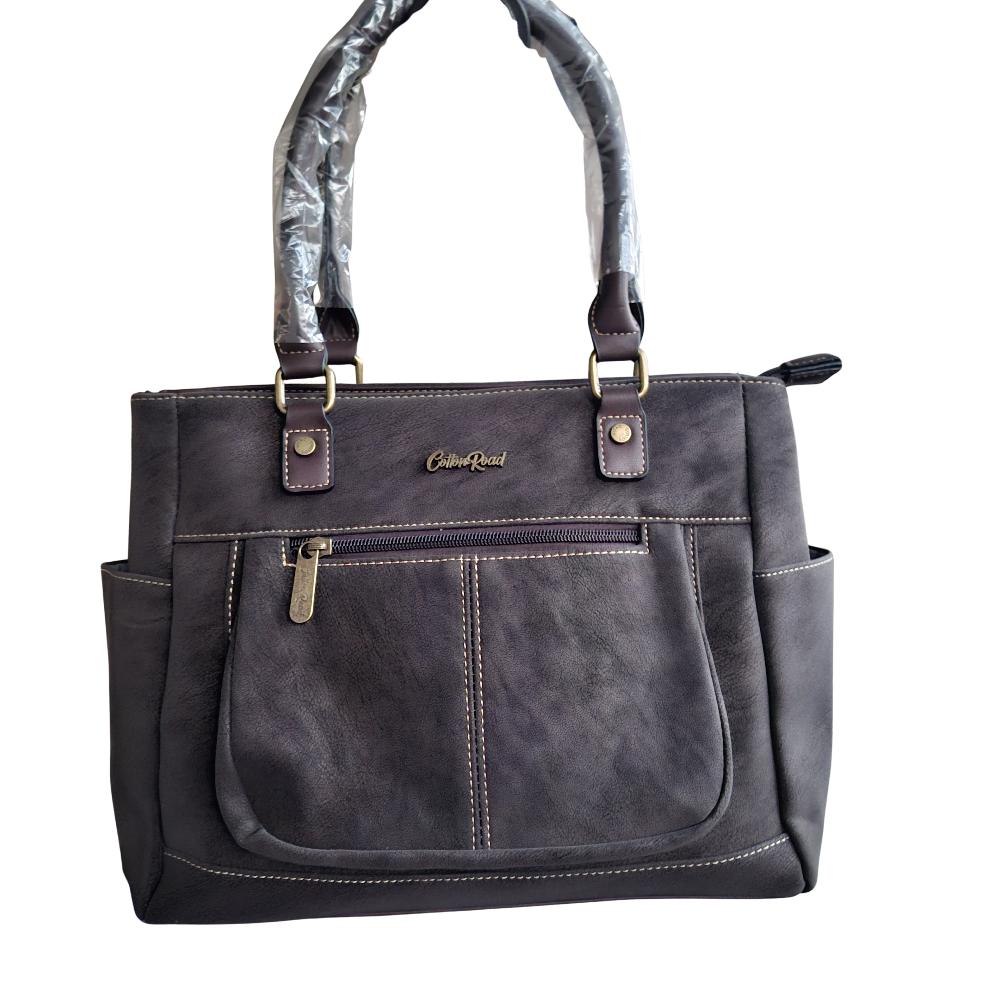 Cotton Road Handbag: DARK COFFEE BROWN Soft PU Leather Double Compartment bag FRONT