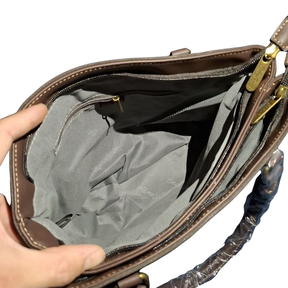 Cotton Road Handbag: DARK COFFEE BROWN Soft PU Leather Double Compartment bag INSIDE