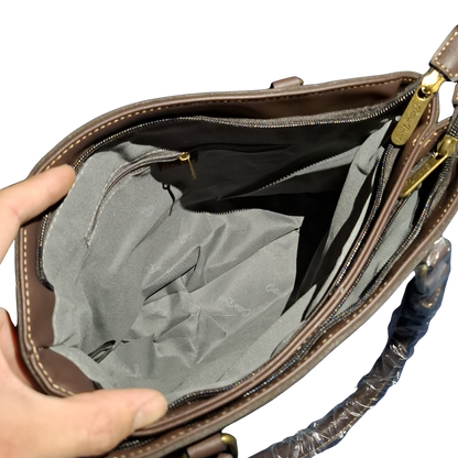 Cotton Road Handbag: DARK COFFEE BROWN Soft PU Leather Double Compartment bag INSIDE