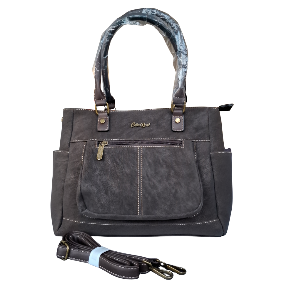Cotton Road Handbag: DARK COFFEE BROWN Soft PU Leather Double Compartment bag SET