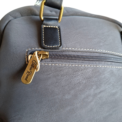 Cotton Road Handbag: DARK GREY PU Leather Dome Shoulder Bag with Black Trim BACK ZIP VIEW