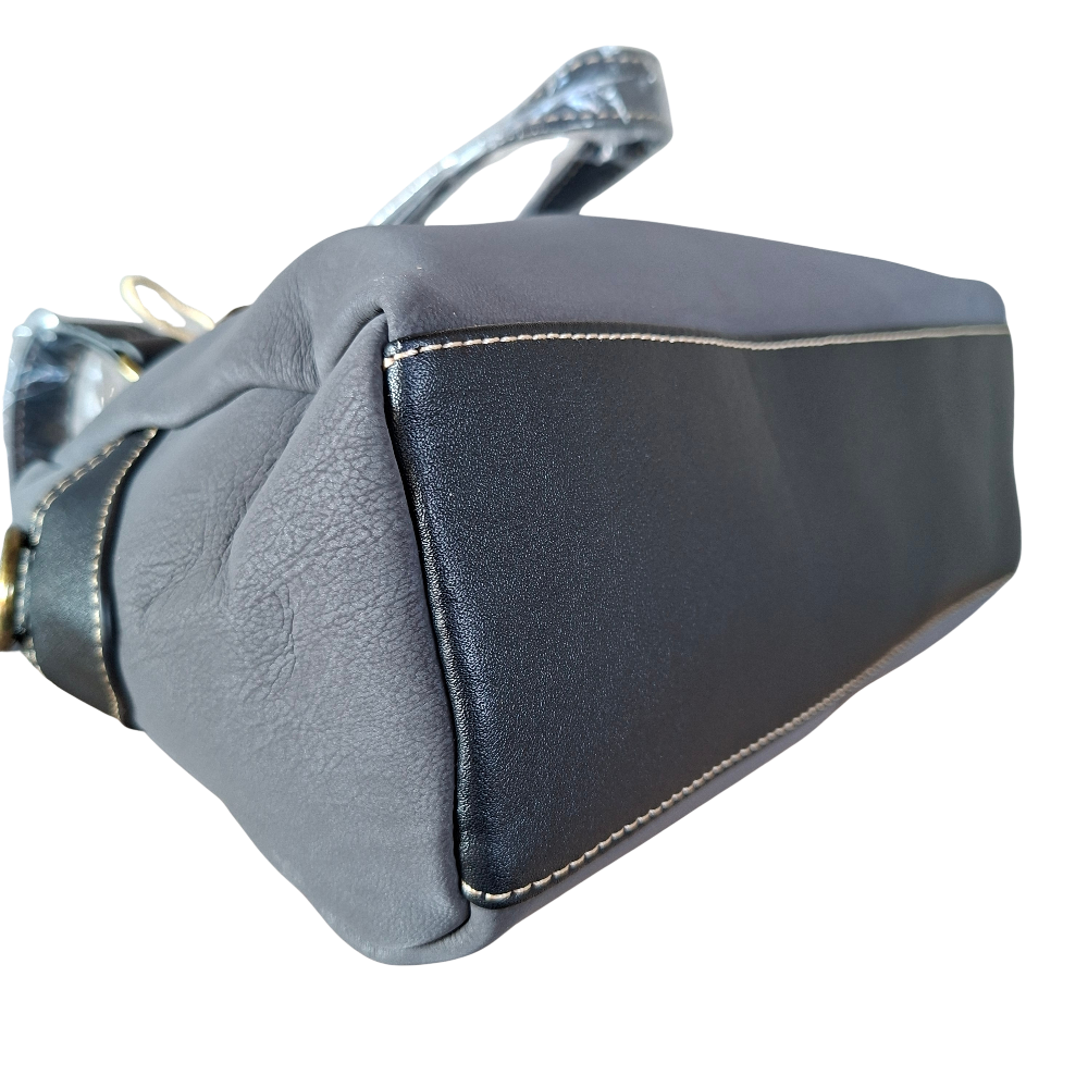 Cotton Road Handbag: DARK GREY PU Leather Dome Shoulder Bag with Black Trim BOTTOM VIEW