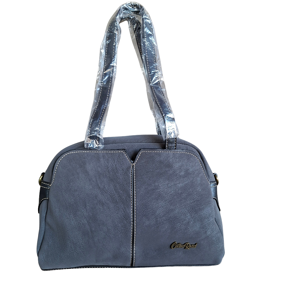 Cotton Road Handbag: DARK GREY PU Leather Dome Shoulder Bag with Black Trim FRONT