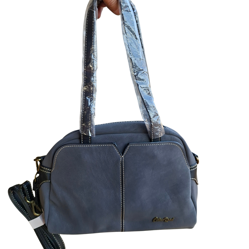 Cotton Road Handbag: DARK GREY PU Leather Dome Shoulder Bag with Black Trim FRONT HANGING VIEW