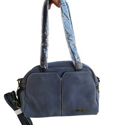 Cotton Road Handbag: DARK GREY PU Leather Dome Shoulder Bag with Black Trim FRONT HANGING VIEW