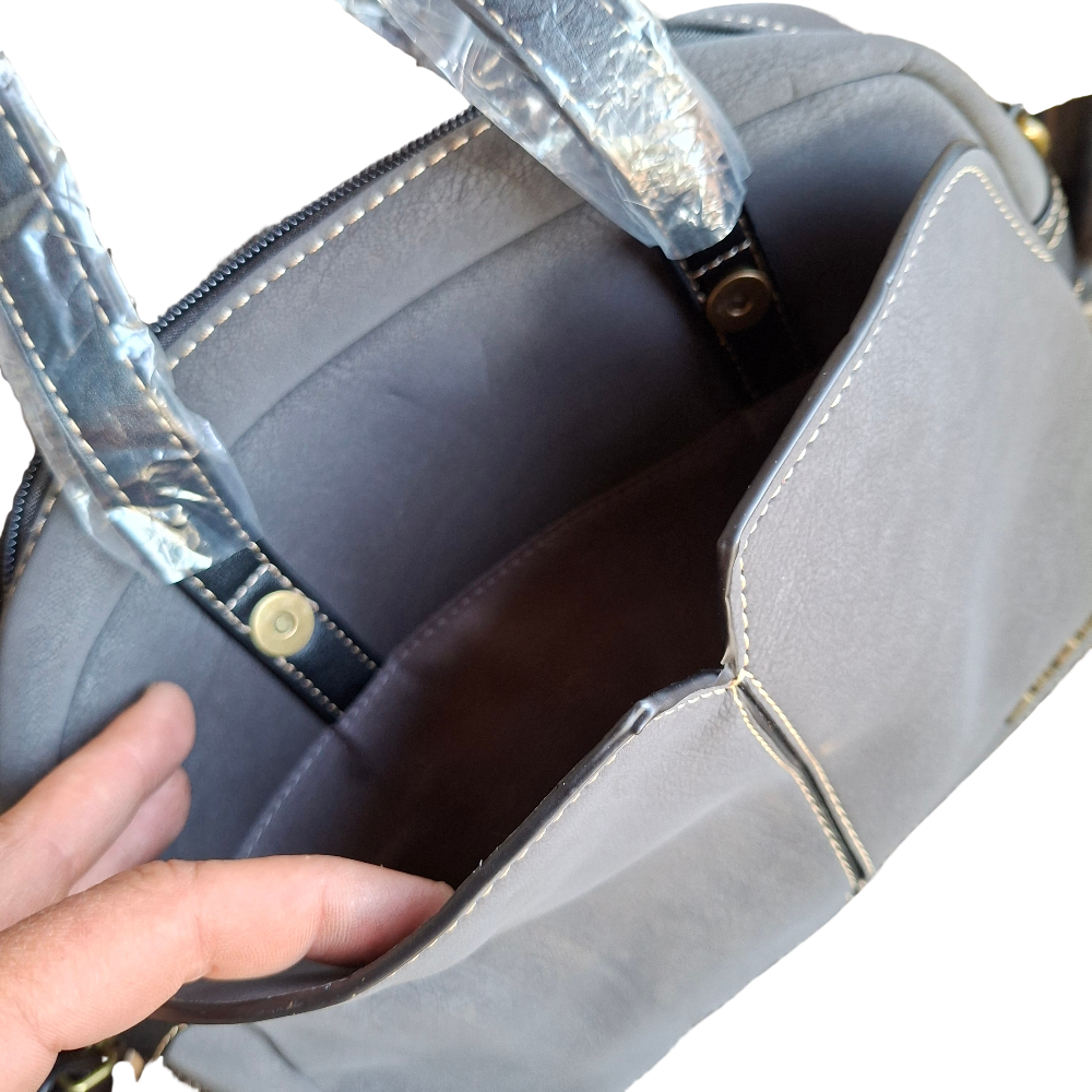 Cotton Road Handbag: DARK GREY PU Leather Dome Shoulder Bag with Black Trim FRONT POCKET OPEN