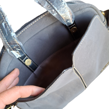 Cotton Road Handbag: DARK GREY PU Leather Dome Shoulder Bag with Black Trim FRONT POCKET OPEN