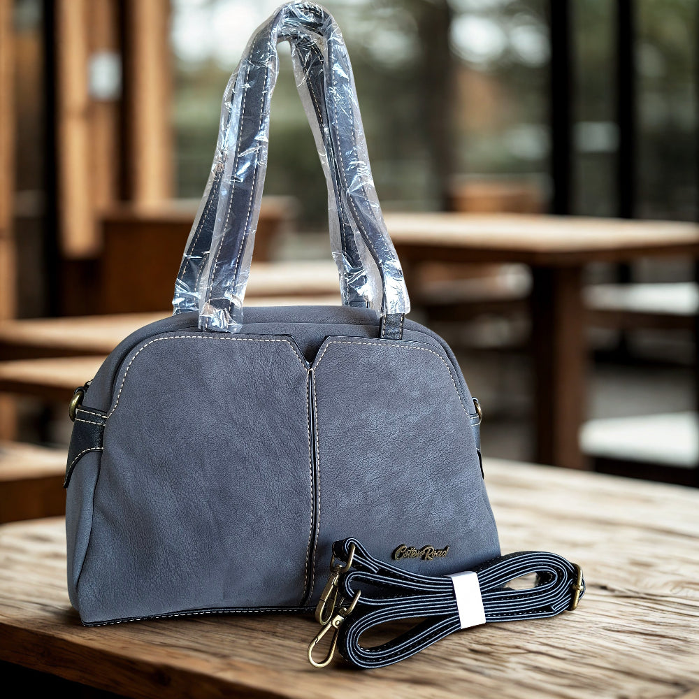 Cotton Road Handbag: DARK GREY PU Leather Dome Shoulder Bag with Black Trim HERO