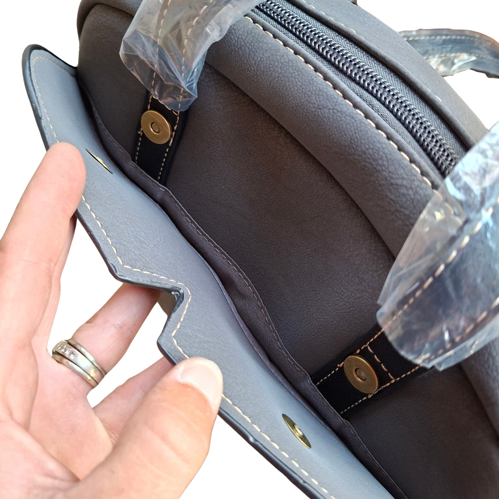 Cotton Road Handbag: DARK GREY PU Leather Dome Shoulder Bag with Black Trim MAGNETIC CLOSURE