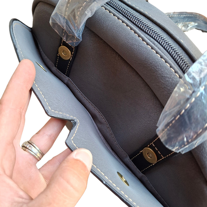 Cotton Road Handbag: DARK GREY PU Leather Dome Shoulder Bag with Black Trim MAGNETIC CLOSURE