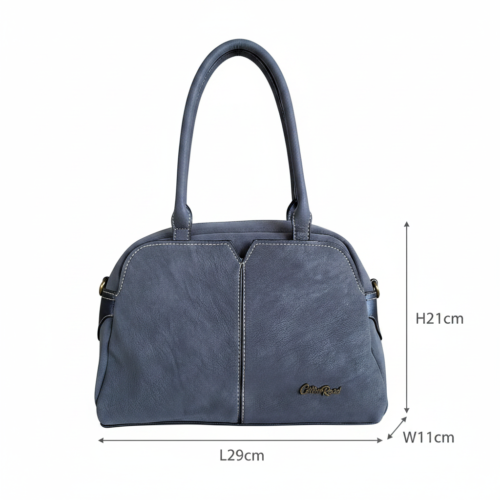 Cotton Road Handbag: DARK GREY PU Leather Dome Shoulder Bag with Black Trim SIZE