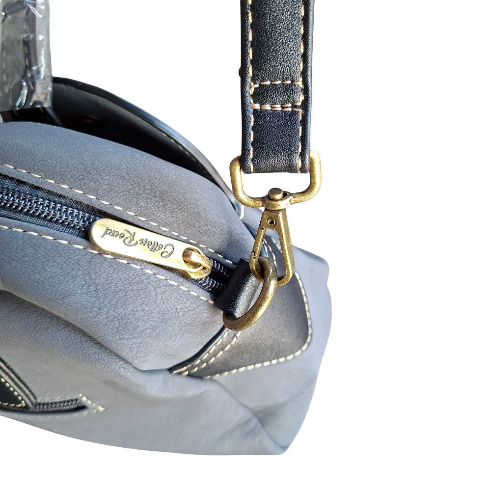 Cotton Road Handbag: DARK GREY PU Leather Dome Shoulder Bag with Black Trim STRAP ATTACHED CONNECTION