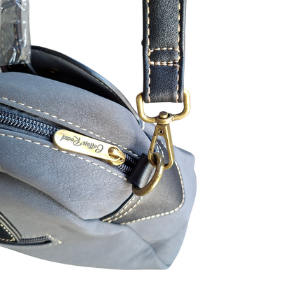 Cotton Road Handbag: DARK GREY PU Leather Dome Shoulder Bag with Black Trim STRAP ATTACHED CONNECTION