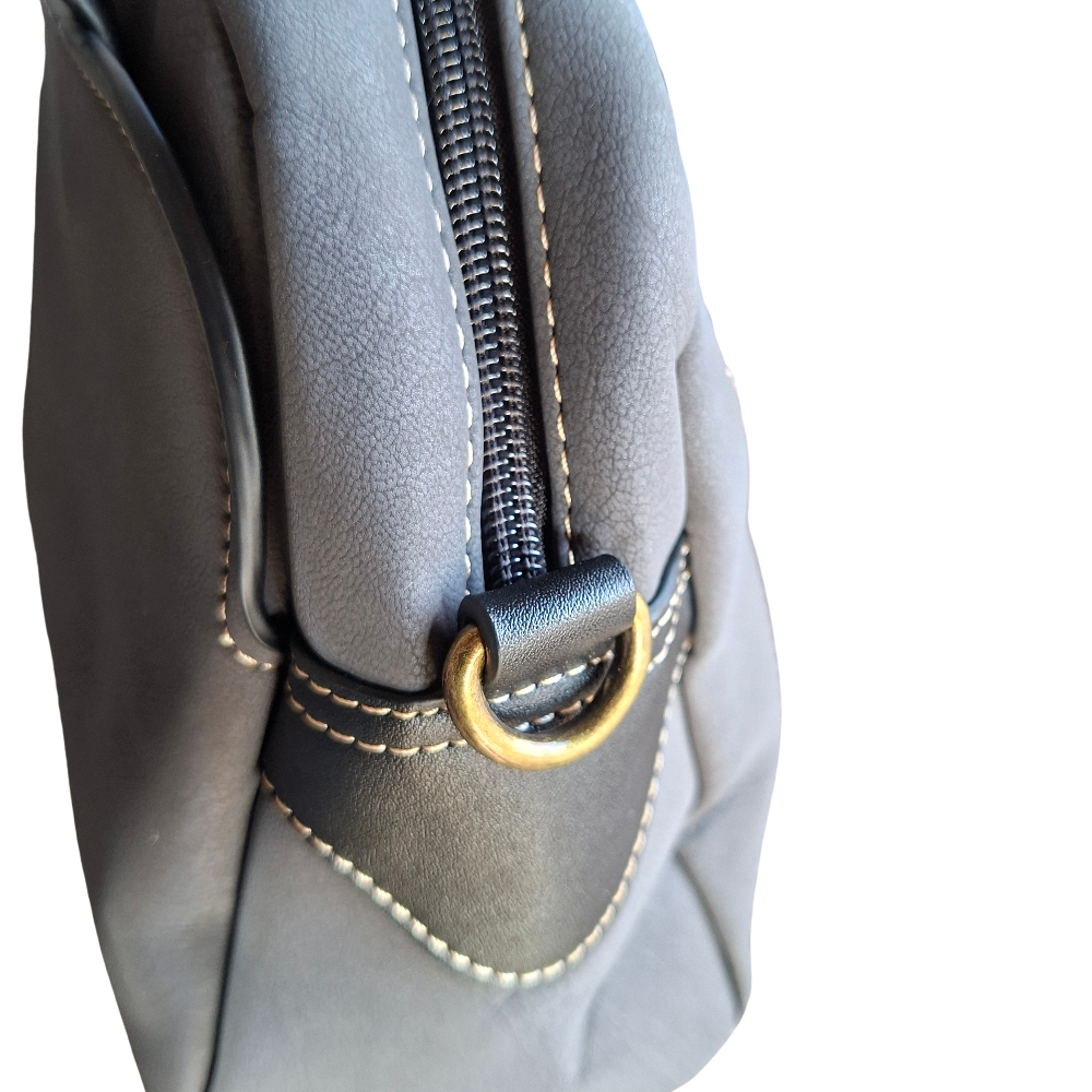 Cotton Road Handbag: DARK GREY PU Leather Dome Shoulder Bag with Black Trim STRAP CONNECTION