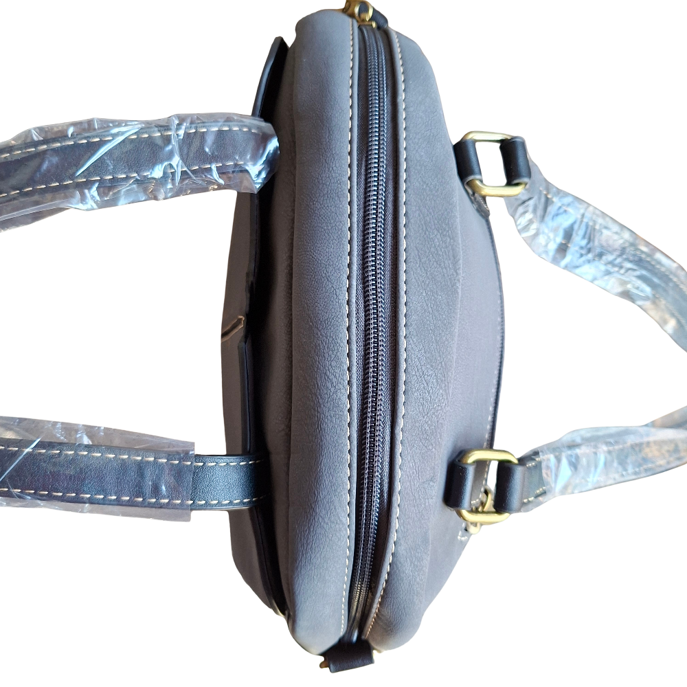 Cotton Road Handbag: DARK GREY PU Leather Dome Shoulder Bag with Black Trim TOP CLOSED ZIP VIEW