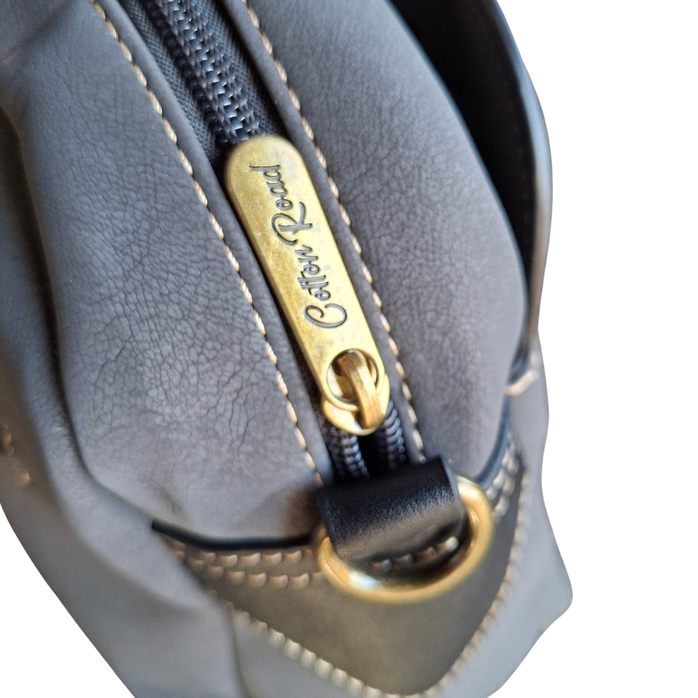 Cotton Road Handbag: DARK GREY PU Leather Dome Shoulder Bag with Black Trim TOP ZIP