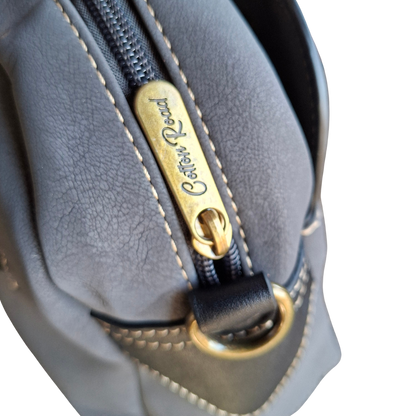 Cotton Road Handbag: DARK GREY PU Leather Dome Shoulder Bag with Black Trim TOP ZIP