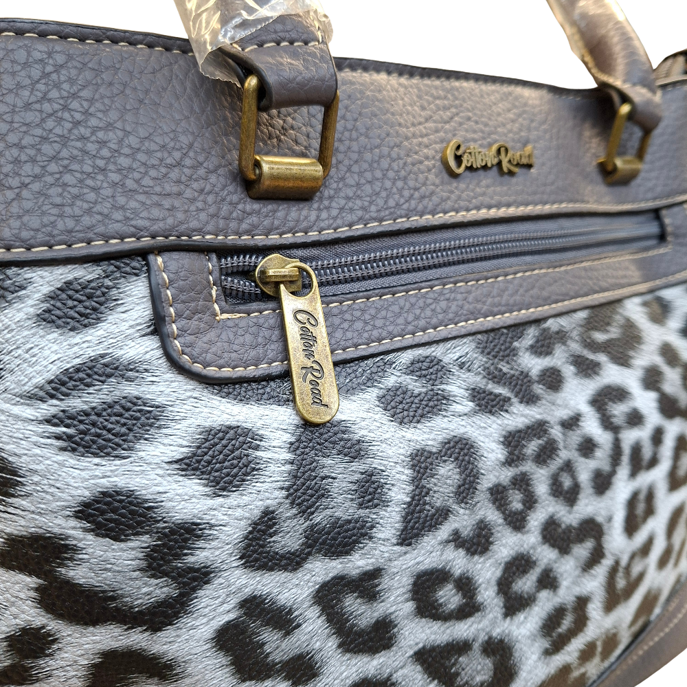 Cotton Road Handbag: GREY PU Leather Trapeze Tote with LEOPARD PRINT FRONT ZOOM