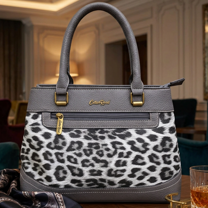 Cotton Road Handbag: GREY PU Leather Trapeze Tote with LEOPARD PRINT HERO