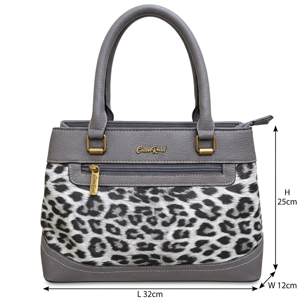 Cotton Road Handbag: GREY PU Leather Trapeze Tote with LEOPARD PRINT SIZED