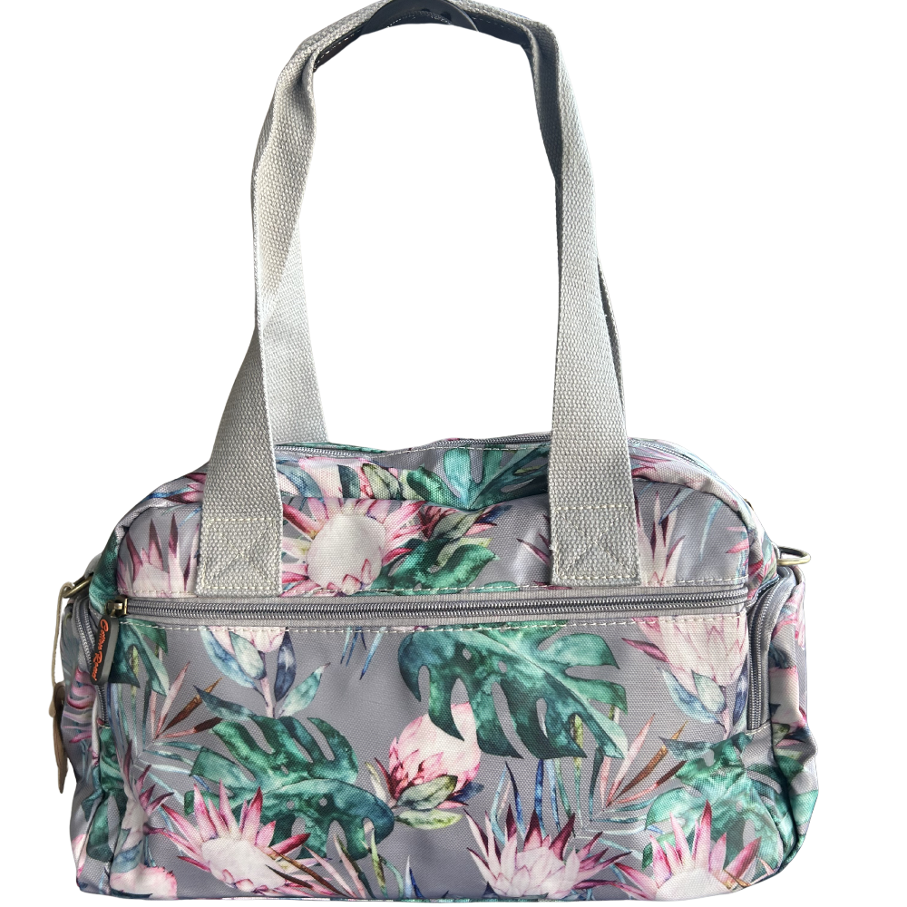Cotton Road Handbag: GREY PVC Handbag with PROTEA PRINT back