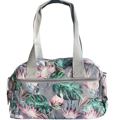 Cotton Road Handbag: GREY PVC Handbag with PROTEA PRINT back