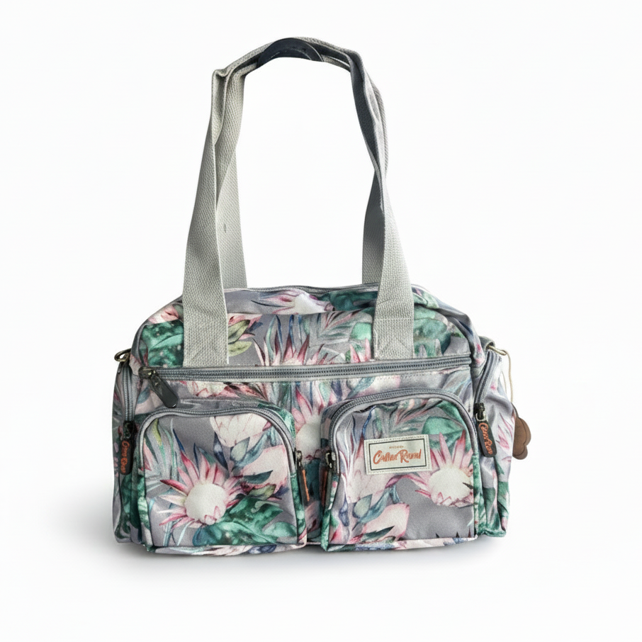 Cotton Road Handbag: GREY PVC Handbag with PROTEA PRINT front