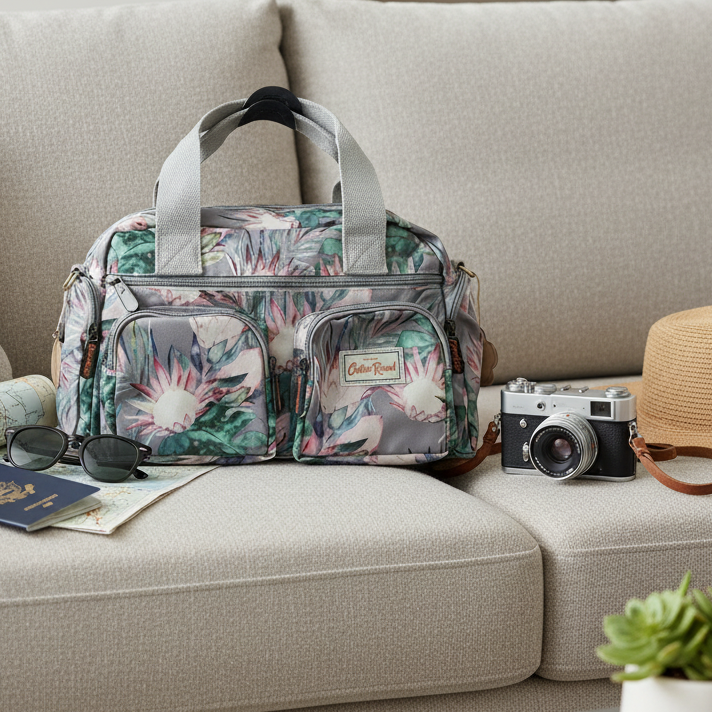 Cotton Road Handbag: GREY PVC Handbag with PROTEA PRINT lifestyle