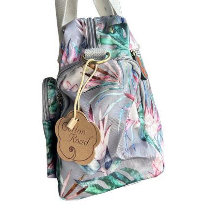Cotton Road Handbag: GREY PVC Handbag with PROTEA PRINT side