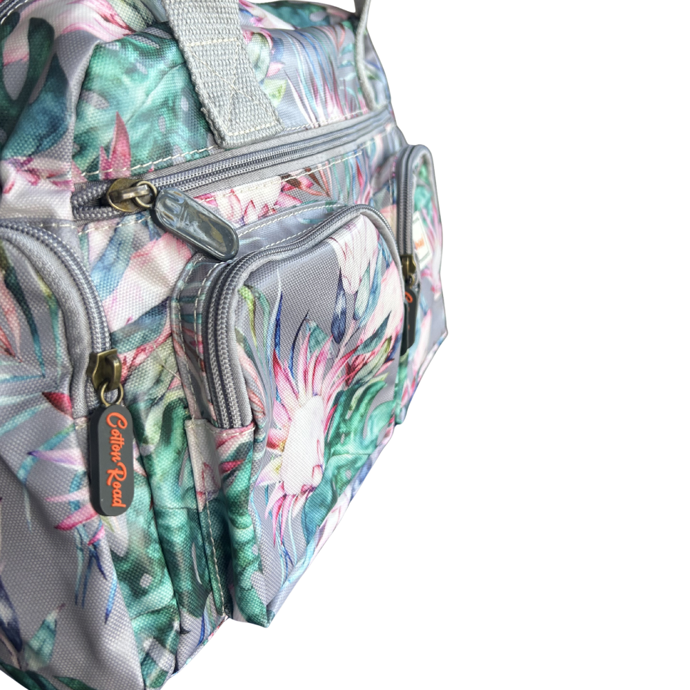 Cotton Road Handbag: GREY PVC Handbag with PROTEA PRINT side view