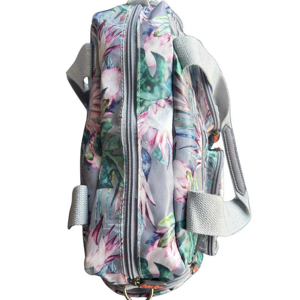 Cotton Road Handbag: GREY PVC Handbag with PROTEA PRINT top closed