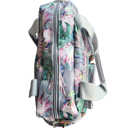 Cotton Road Handbag: GREY PVC Handbag with PROTEA PRINT top closed