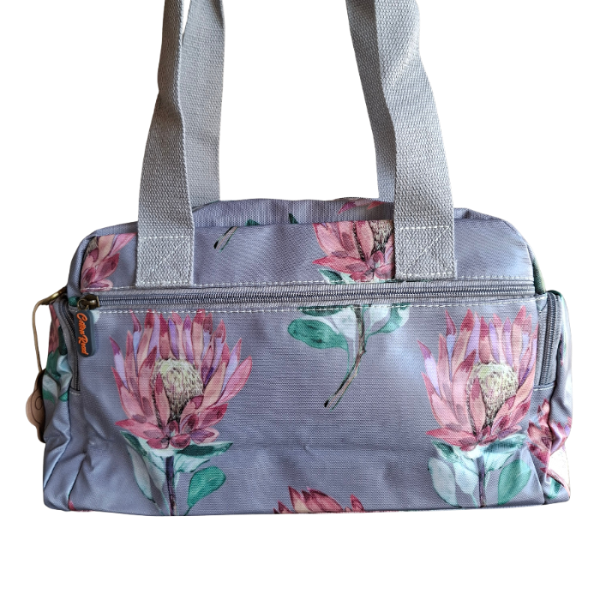 Cotton Road Handbag: GREY PVC with BRIGHT FLORAL Print CARRY BACK DETAIL