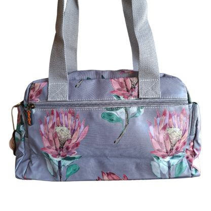 Cotton Road Handbag: GREY PVC with BRIGHT FLORAL Print CARRY BACK DETAIL