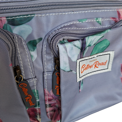 Cotton Road Handbag: GREY PVC with BRIGHT FLORAL Print CARRY FRONT NEAR DETAIL