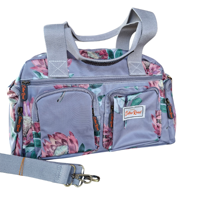Cotton Road Handbag: GREY PVC with BRIGHT FLORAL Print CARRY SET DETAIL