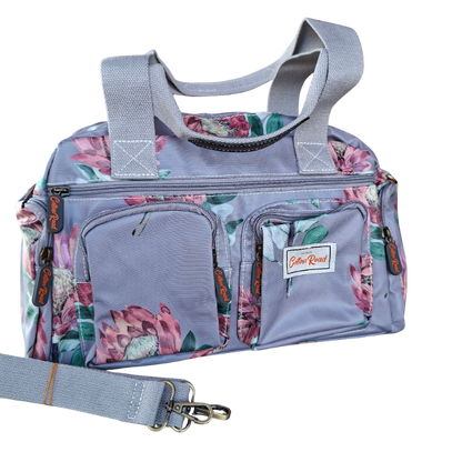 Cotton Road Handbag: GREY PVC with BRIGHT FLORAL Print CARRY SET DETAIL