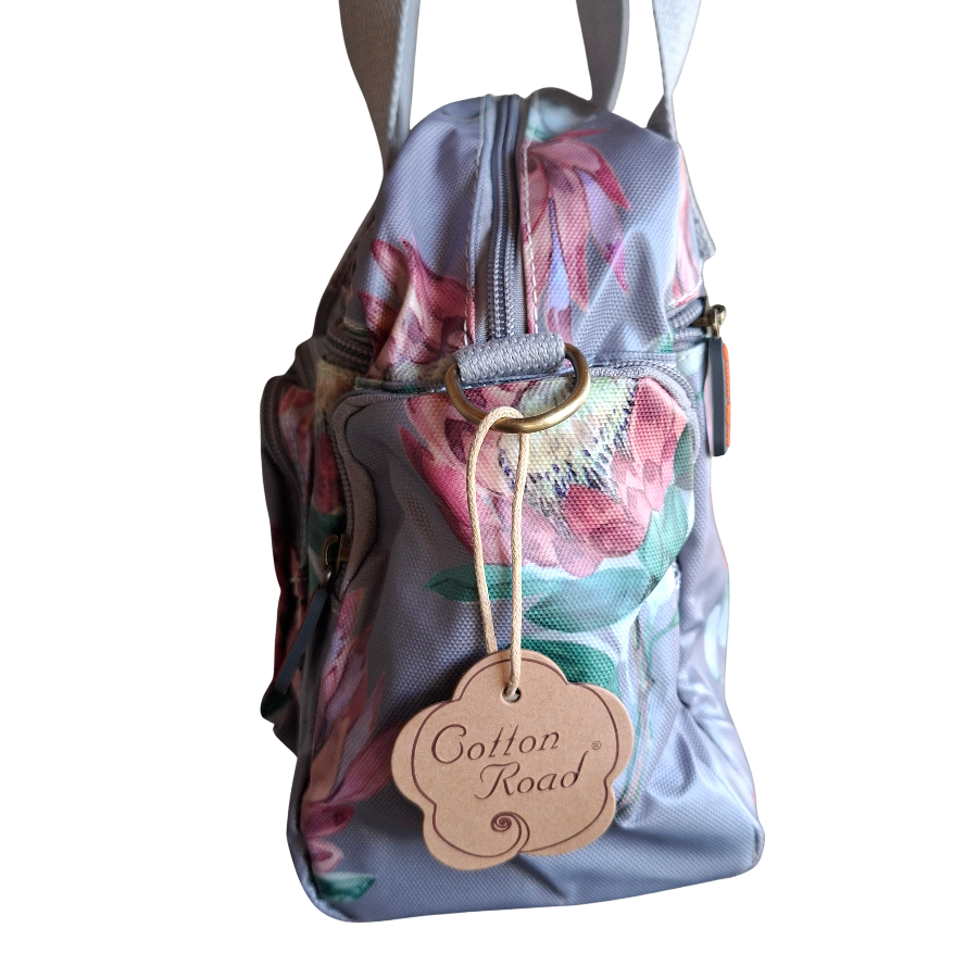 Cotton Road Handbag: GREY PVC with BRIGHT FLORAL Print CARRY SIDE DETAIL