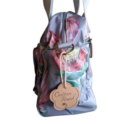 Cotton Road Handbag: GREY PVC with BRIGHT FLORAL Print CARRY SIDE DETAIL