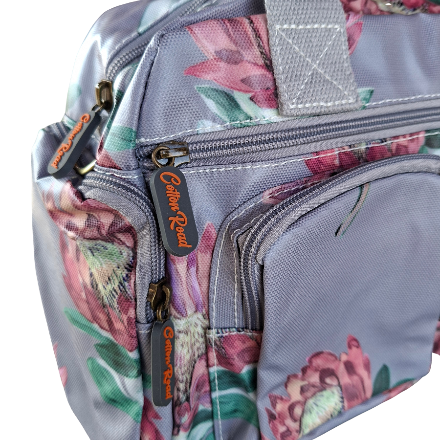 Cotton Road Handbag: GREY PVC with BRIGHT FLORAL Print CARRY SIDE NEAR DETAIL