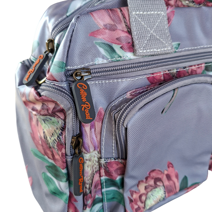 Cotton Road Handbag: GREY PVC with BRIGHT FLORAL Print CARRY SIDE NEAR DETAIL