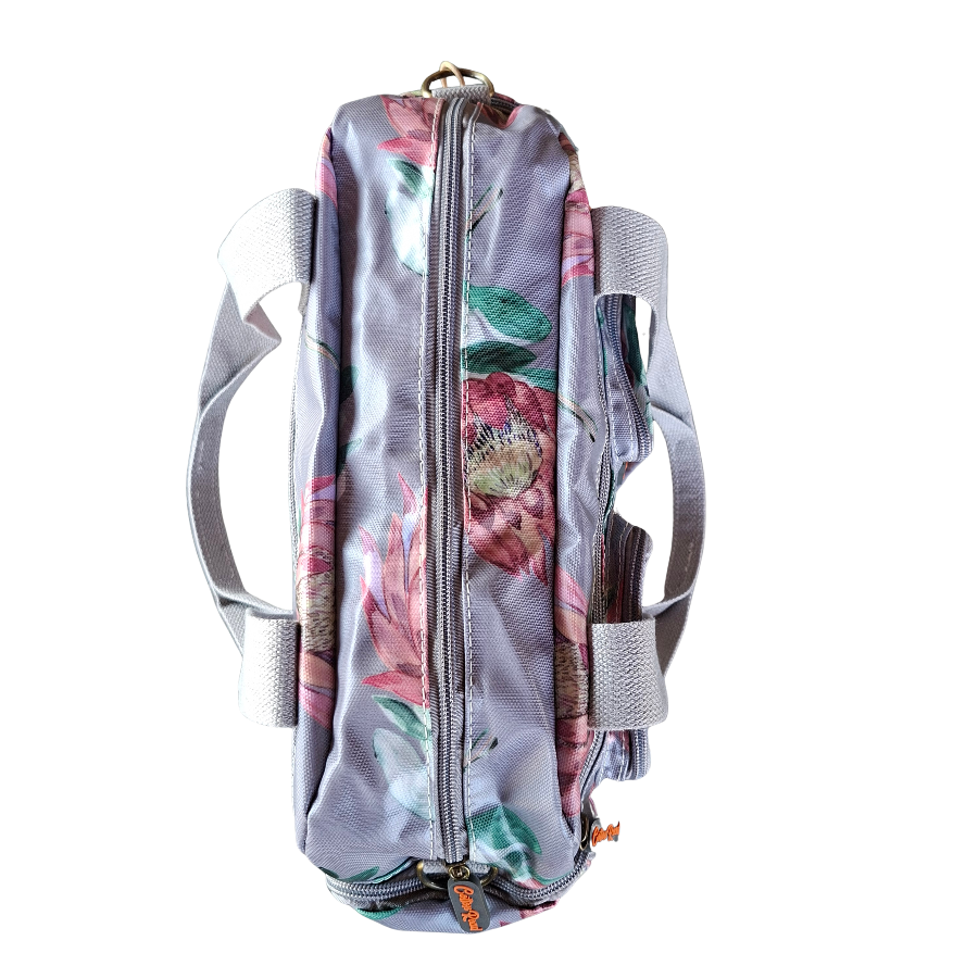 Cotton Road Handbag: GREY PVC with BRIGHT FLORAL Print CARRY TOP ZIP DETAIL