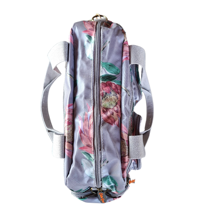 Cotton Road Handbag: GREY PVC with BRIGHT FLORAL Print CARRY TOP ZIP DETAIL