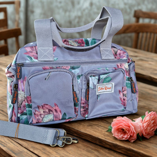 Cotton Road Handbag: GREY PVC with BRIGHT FLORAL Print HERO
