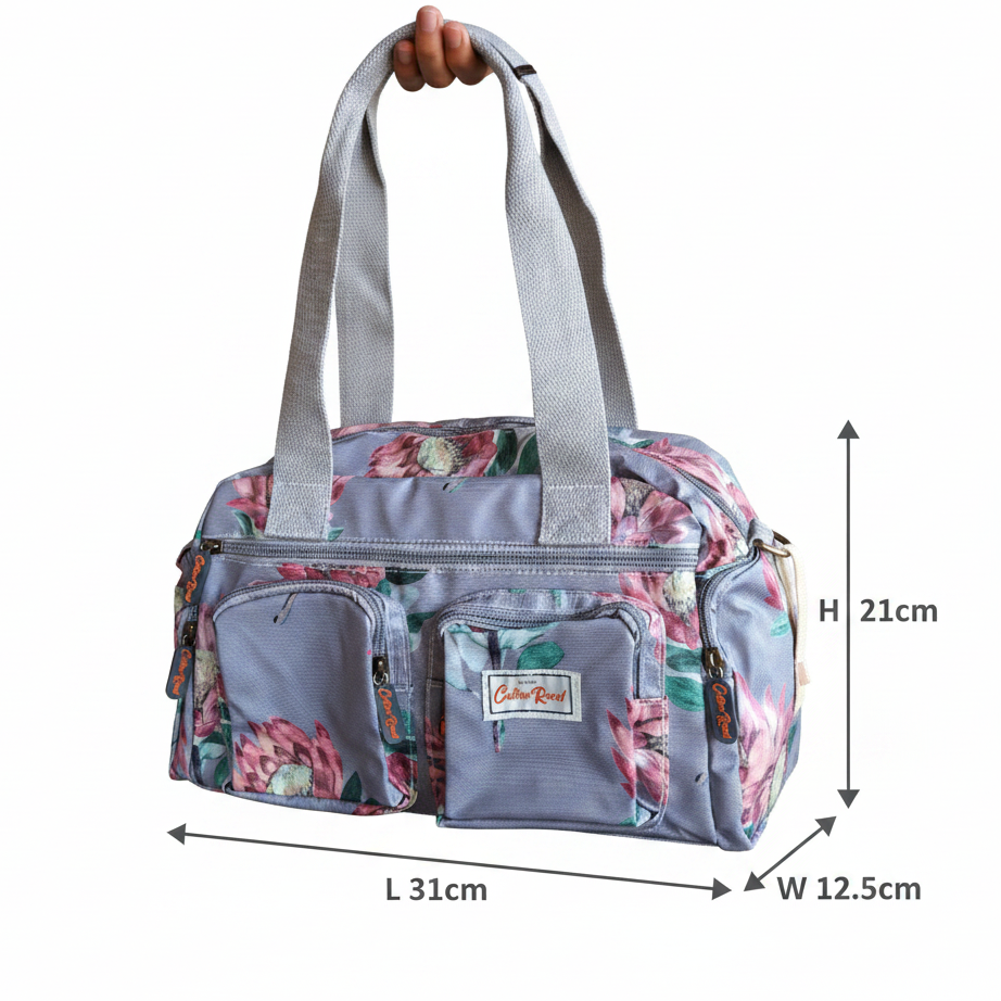 Cotton Road Handbag: GREY PVC with BRIGHT FLORAL Print SIZE