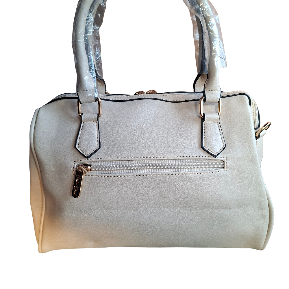 Cotton Road Handbag: IVORY PU Leather Barrel Handbag with FLORAL Panel BACK DETAIL