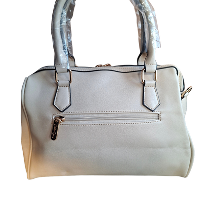 Cotton Road Handbag: IVORY PU Leather Barrel Handbag with FLORAL Panel BACK DETAIL